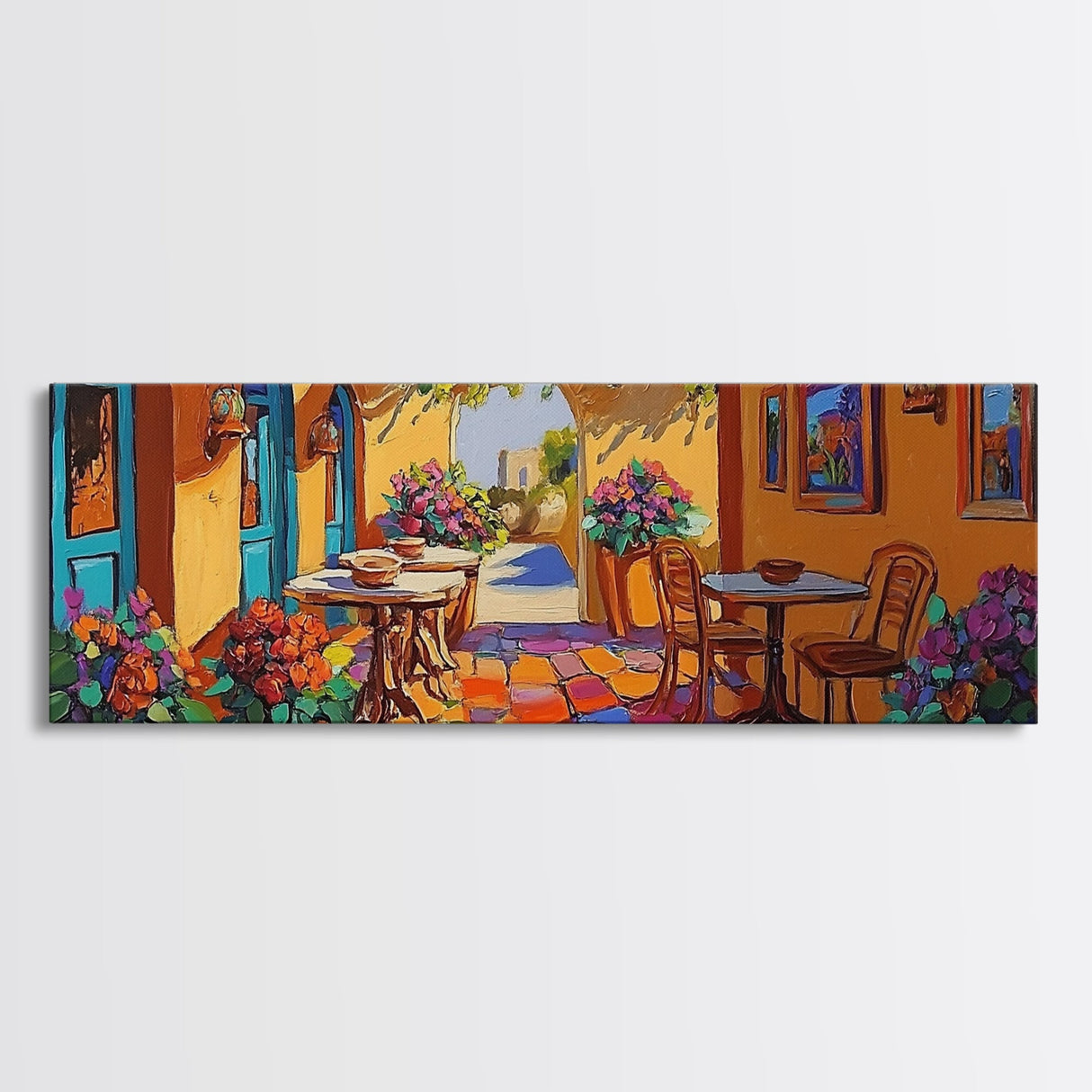 Mediterranean Patio Vibe, Colorful Courtyard Painting, Rustic Garden View, Framed Canvas Print, Kitchen Wall Art, Tuscan Style Decor