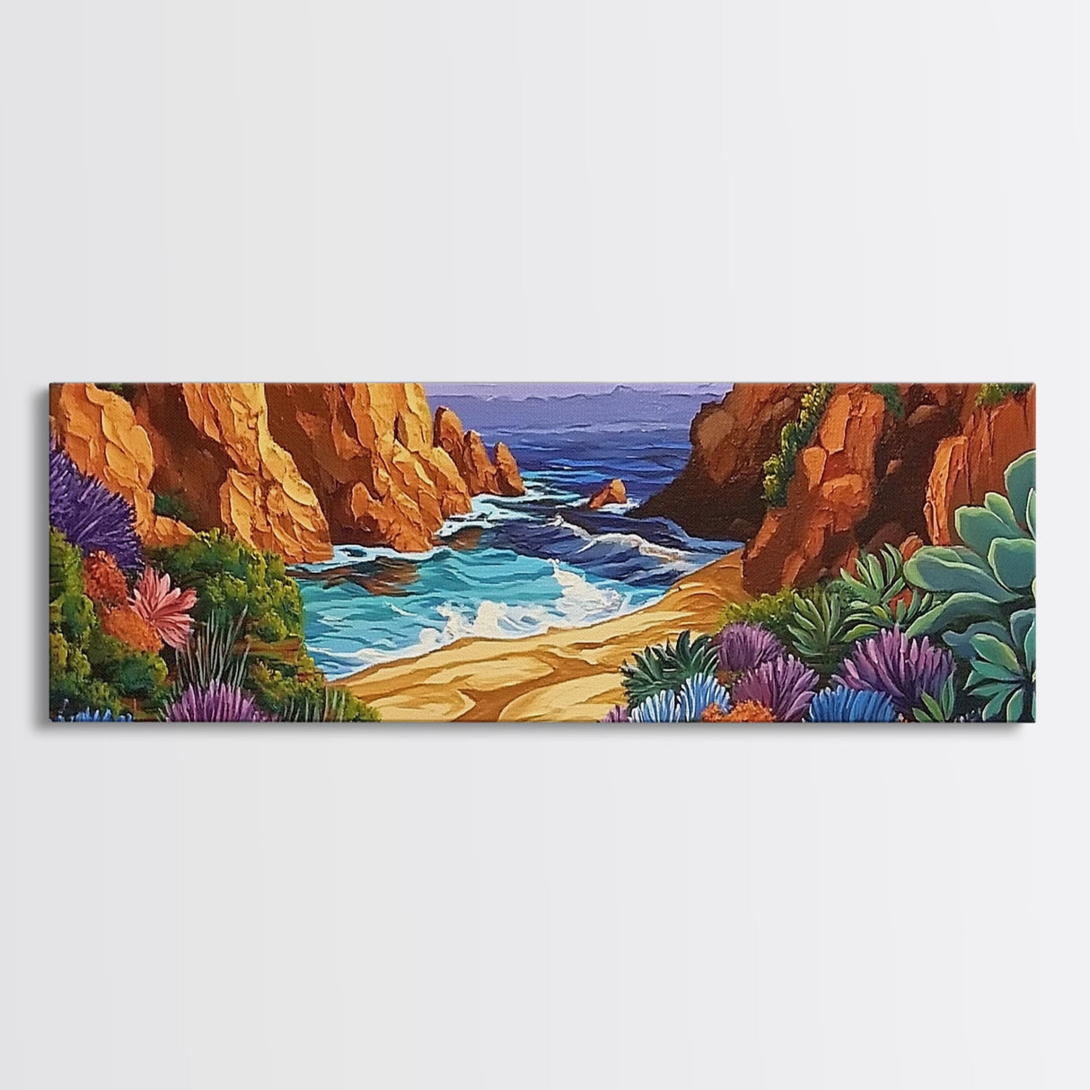 Hidden Cove Painting, Succulent Cliffside Beach, Colorful Ocean Art, Canvas Print, Desert Coastal Wall Art, Boho Nature Decor