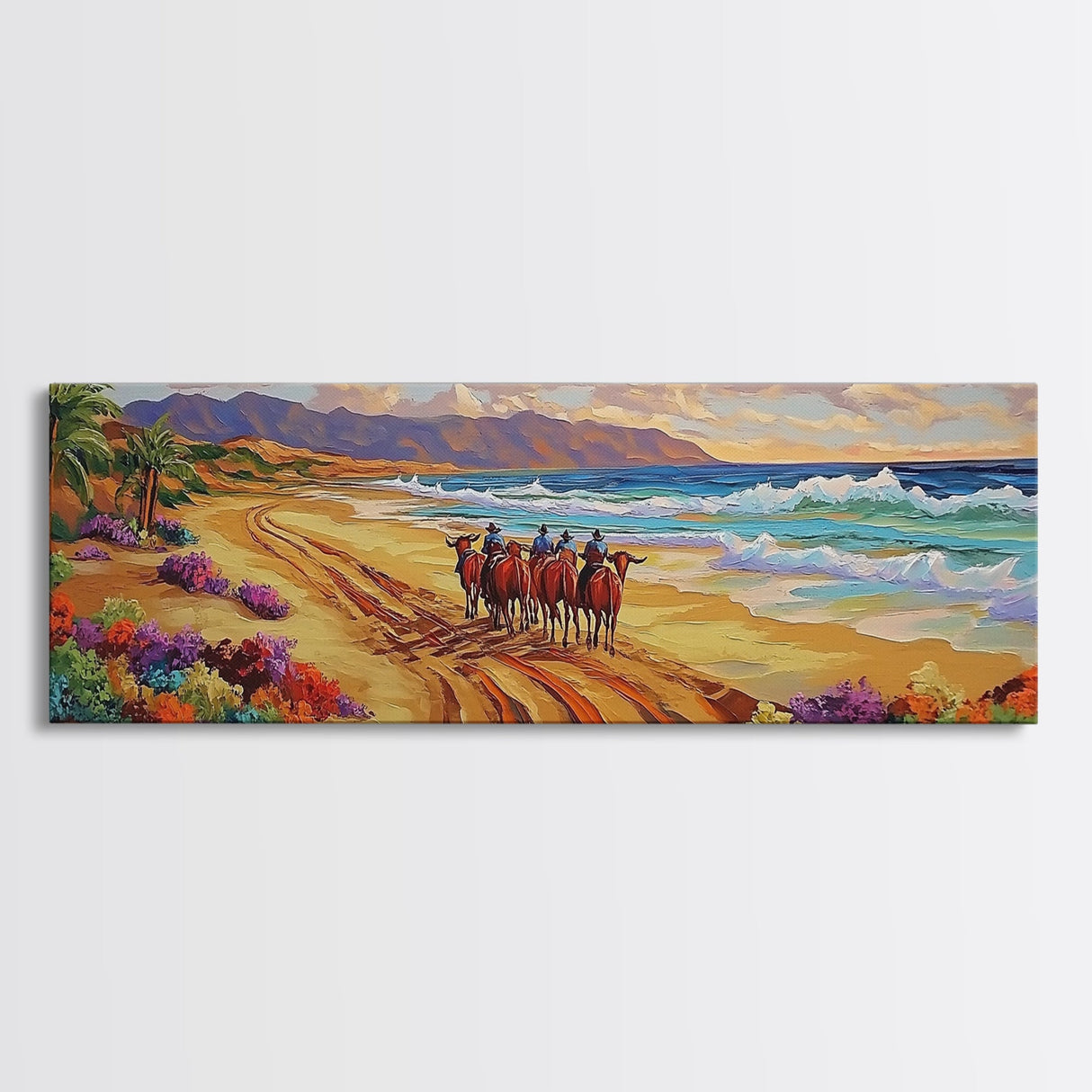 Western Beach Trail, Cowboy Horses Art, Desert Shoreline, Canvas Print, Fall Wall Decor, Rustic Western Style, Living Room Wall Art