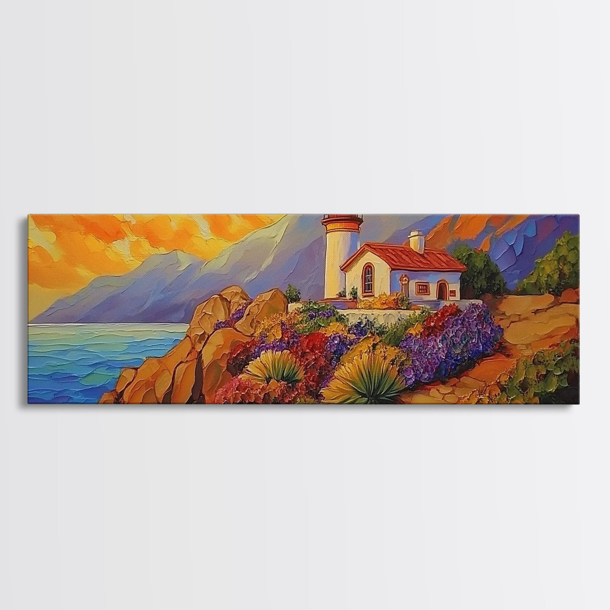 Lighthouse View, Ocean Sunset, Seaside House, Framed Canvas Print, Beach Coastal Decor, Nautical Living Room Art, Bold Color Art