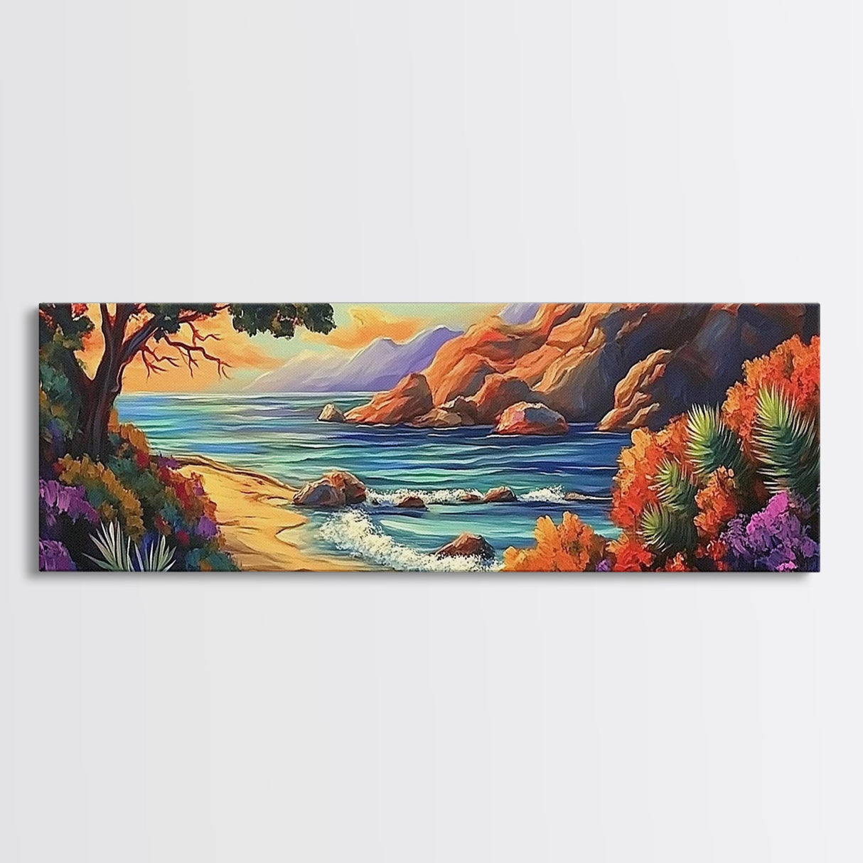 Tranquil Beach, Ocean Breeze, Sunset Cliffs, Canvas Print, Vibrant Seascape Wall Art, Coastal Living Room Decor, Boho Beach Art