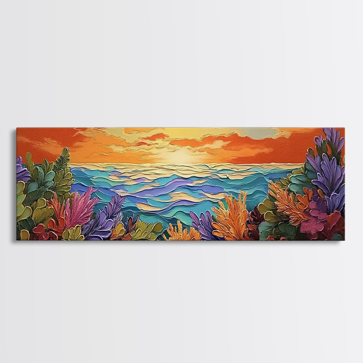 Sunset Ocean, Sea Plants, Tropical Sunset, Bold Colors, Framed Canvas Print, Bathroom Wall Art, Boho Vibes, Coastal Decor