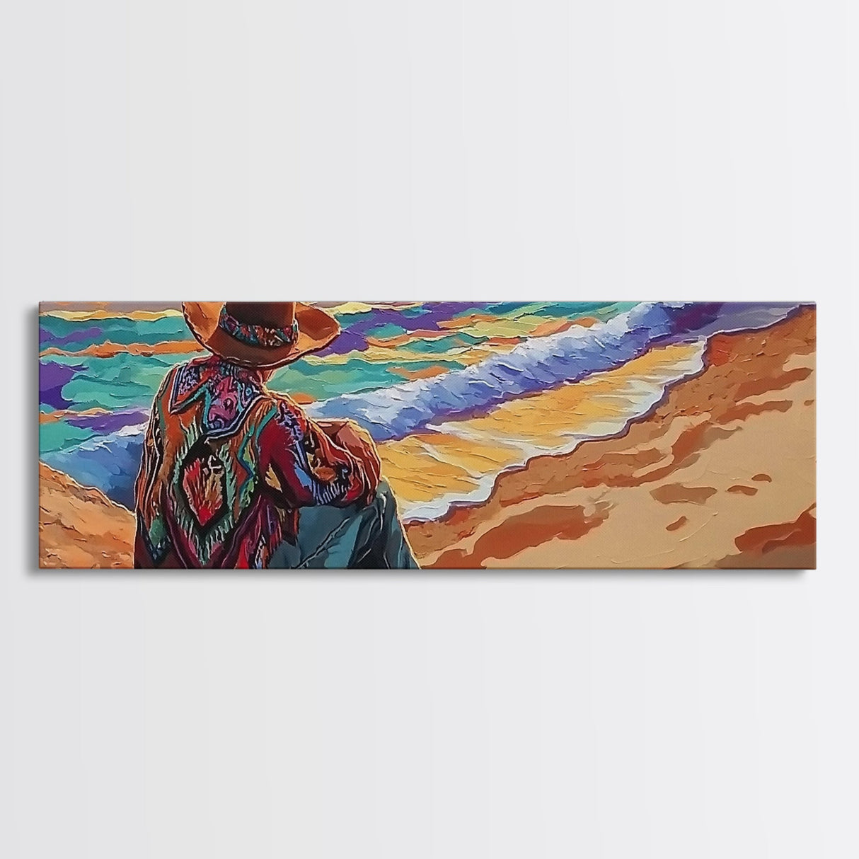Coastal Cowboy, Ocean View, Serene Sunset, Western Art, Canvas Print, Living Room Wall Art, Southwestern Vibes, Beach Cowboy Scene
