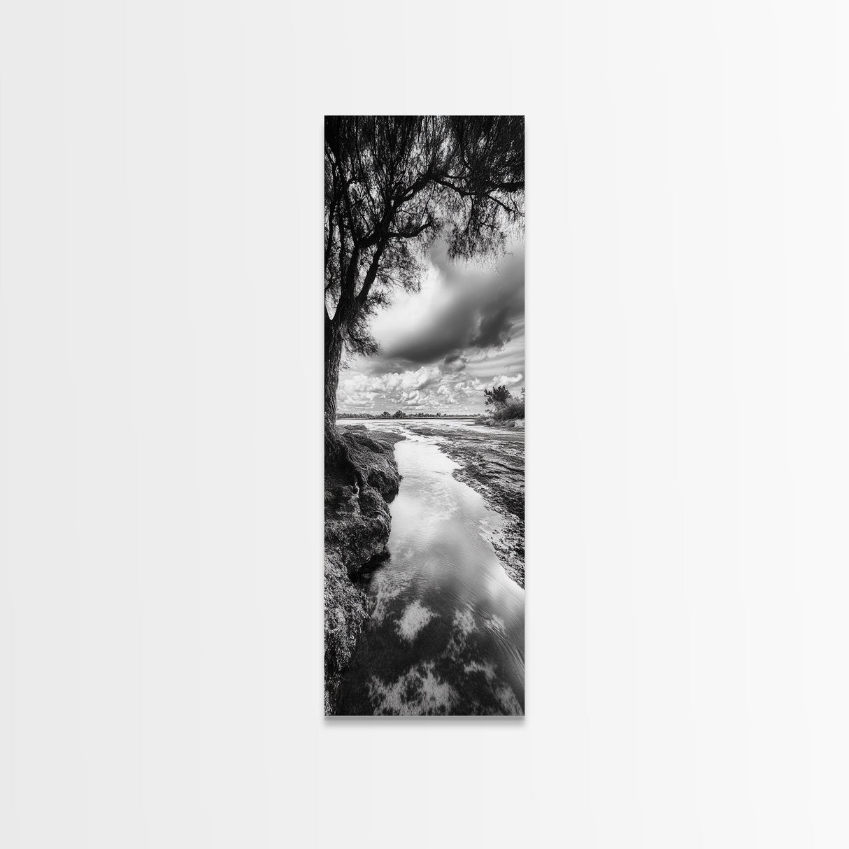 River Through Trees, Tranquil Forest Stream, Reflective Nature Art, Framed Canvas Print, Zen Living Room Wall Decor, Calm Scene