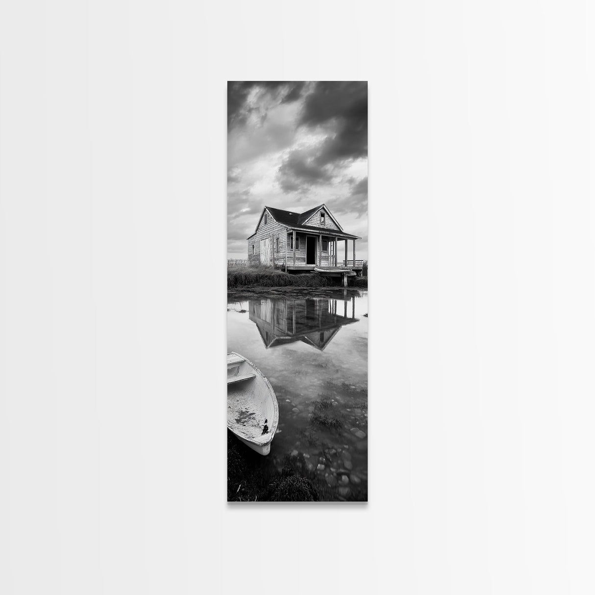 Weathered House, Abandoned Shack, Reflection Lake, Framed Canvas Print, Rustic cabin wall art, Fall entryway decor, Moody farmhouse aesthetic