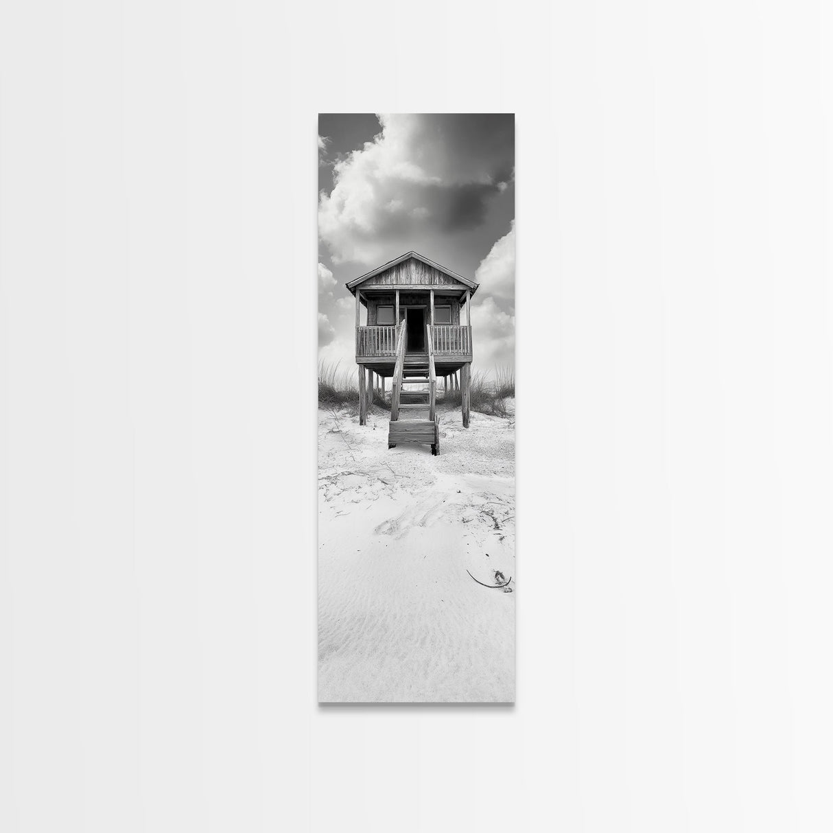 Beachfront Cabin, Rustic Shack, Seaside Simplicity, Cloudy Sky, Island Life, Framed Canvas Print, Entryway Wall Art, Coastal Farmhouse Decor