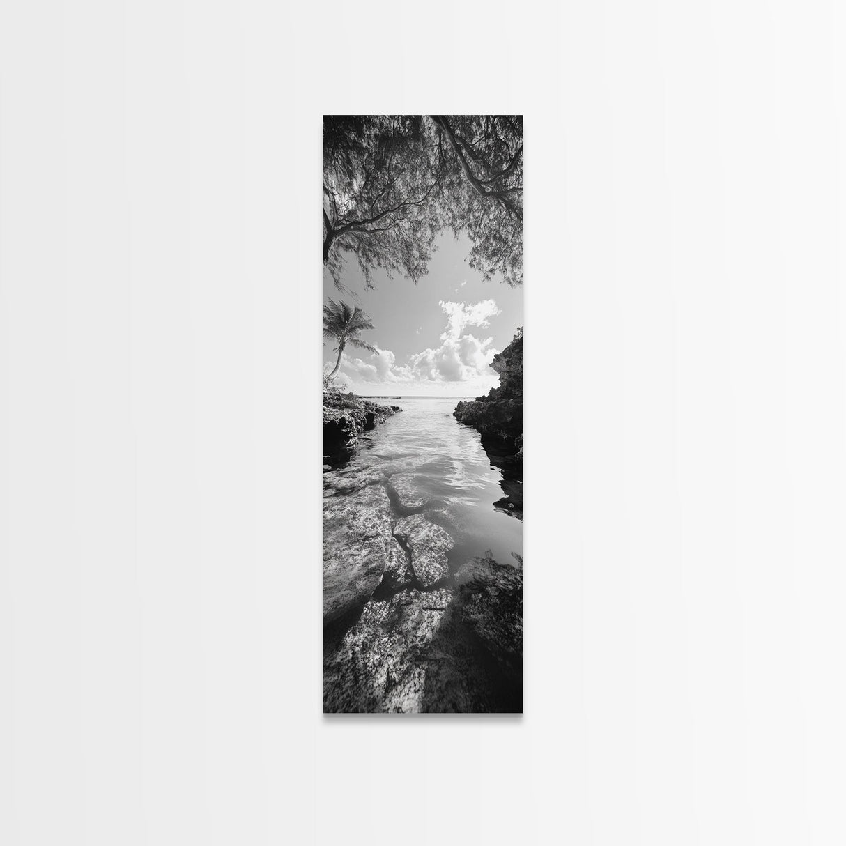 Island Cove, Palm Tree, Peaceful Sea, Tropical Coastline, Black and White Framed Canvas Print, Boho Beach Wall Art, Bathroom Decor