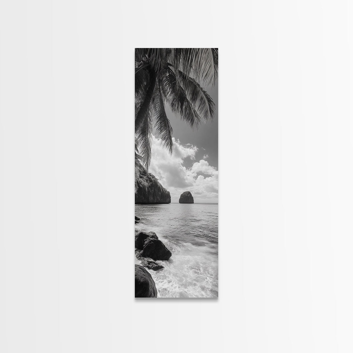 Island View, Palm Shoreline, Tropical Escape, Framed Canvas Print, Beach House Wall Art, Coastal Summer Decor, Zen Ocean Aesthetic