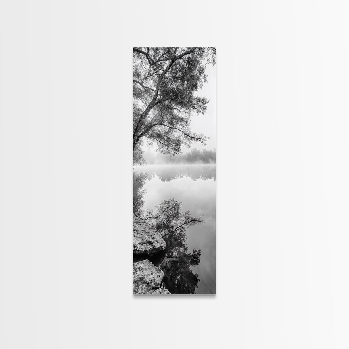 Misty Lake, Tree Reflection, Tranquil Morning, Framed Canvas Print, Bedroom Wall Art, Serene Nature Photography, Minimalist Art Style