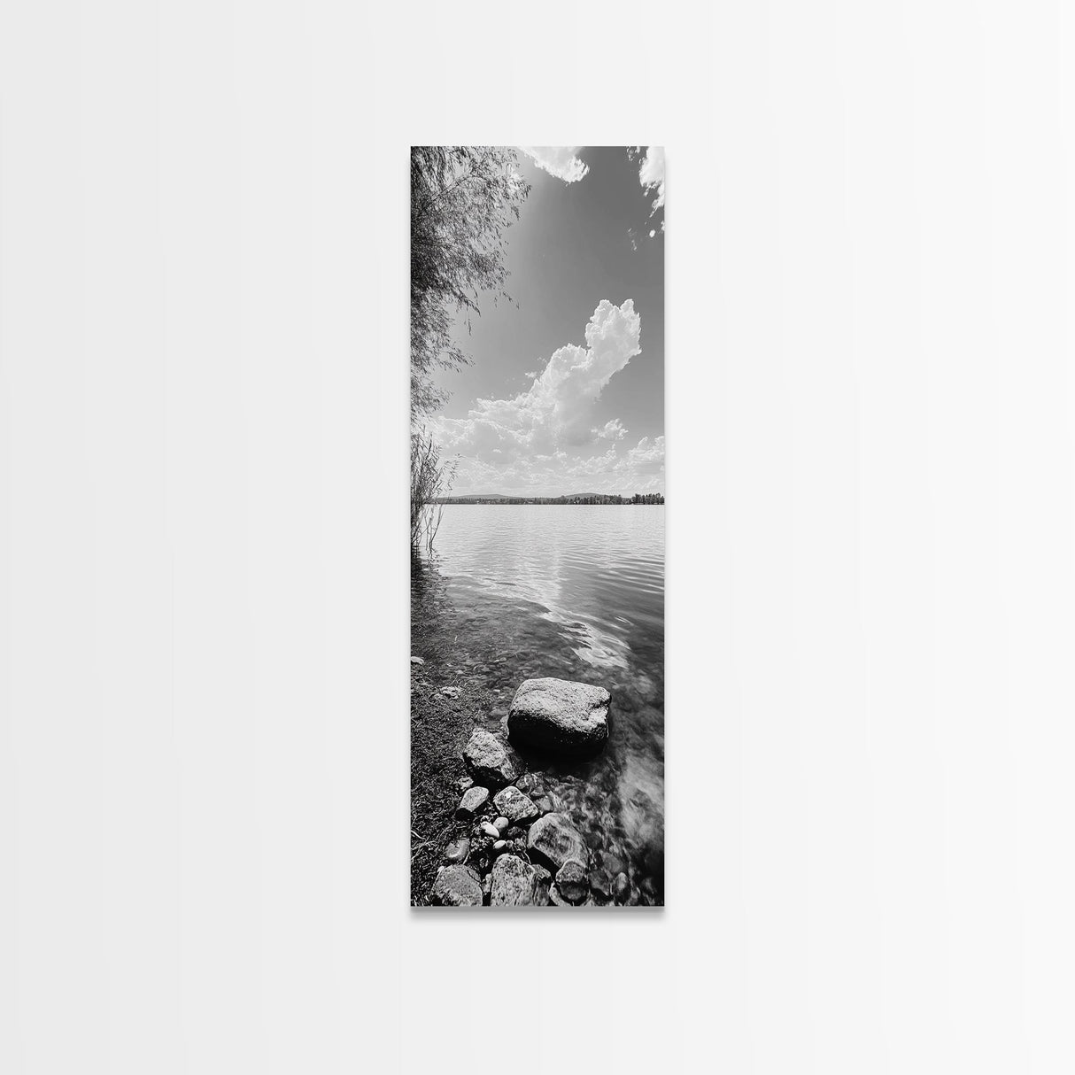 Peaceful Lake, Cloud Reflection, Shoreline Stones, Framed Canvas Print, Guest Room Wall Art, Nature Inspired Decor, Minimalist Landscape