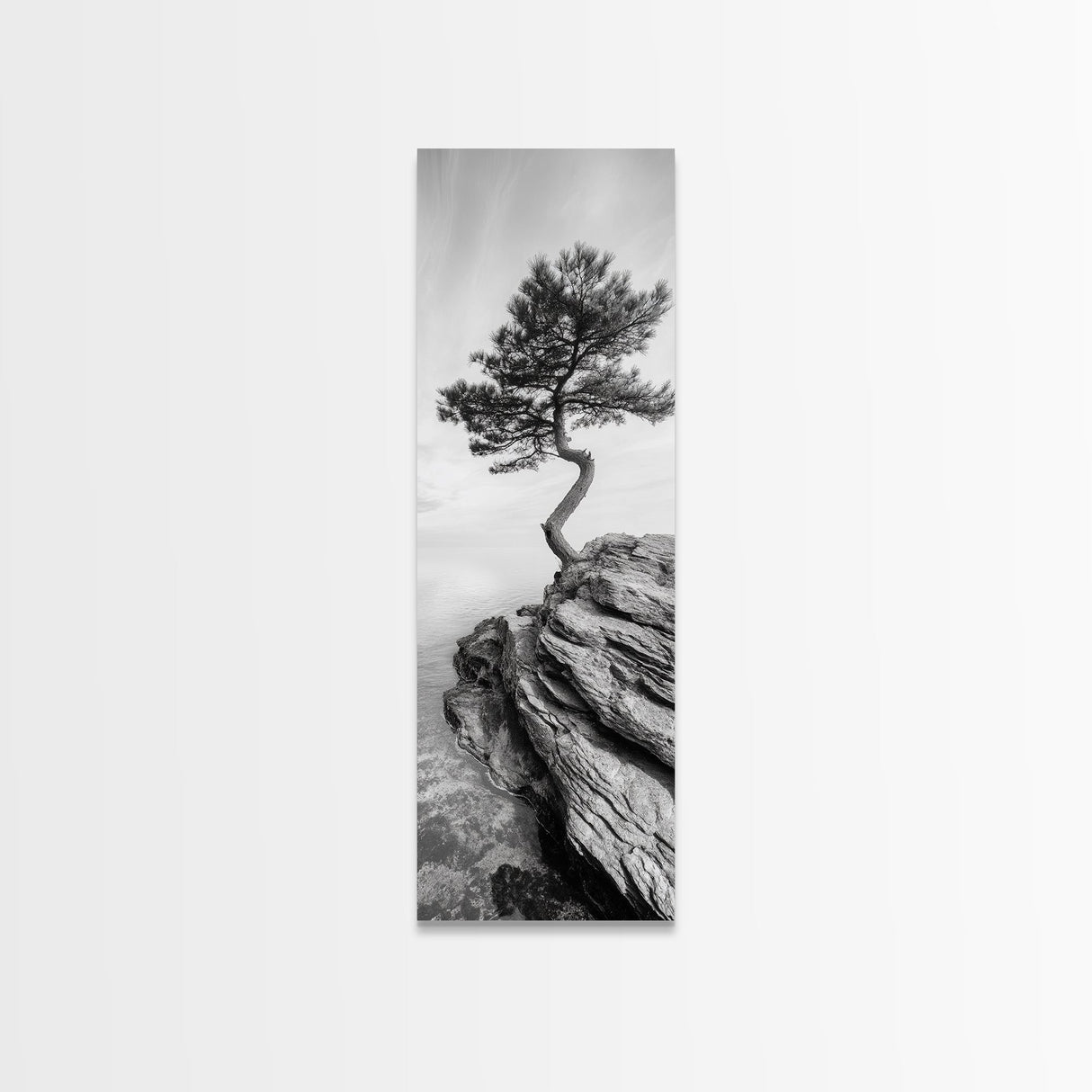 Lone Pine Tree, Minimal Nature, Tranquil Cliff Scene, Zen Forest Print, Framed Canvas Print, Japandi Wall Art, Entryway Tree Print, Nature Minimalism