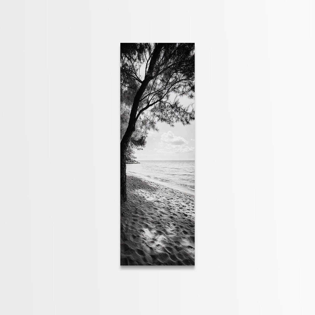 Coastal Tree Shade, Beach Sand Path, Seaside Serenity, Nature Retreat, Framed Canvas Print, Bathroom Wall Art, Neutral Tones, Calm Ocean Art