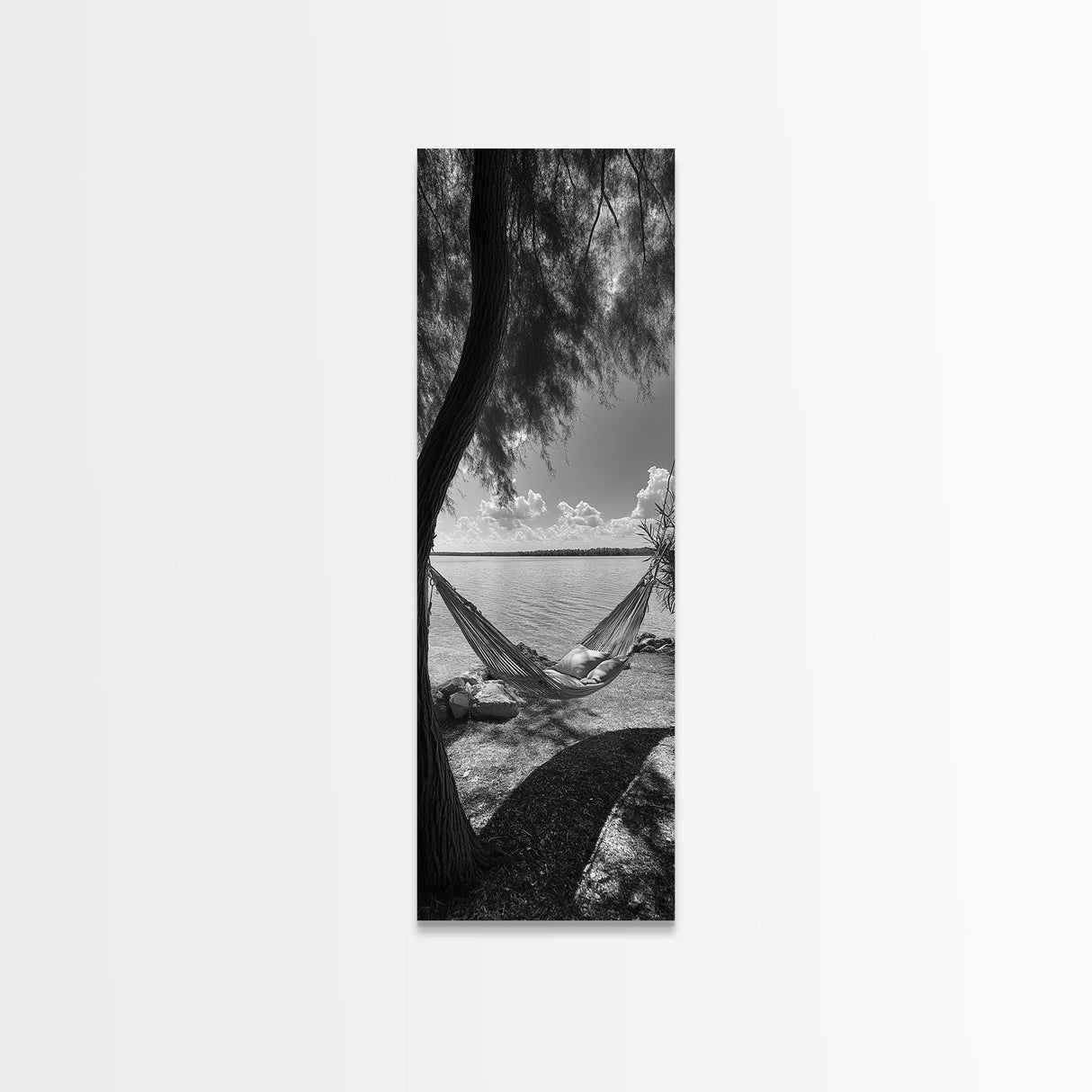 Hammock Dreams, Coastal Rest, Lakeside Retreat, Chill Vibes, Framed Canvas Print, Boho Wall Art, Serene Bedroom Art, Relaxation Inspired Decor