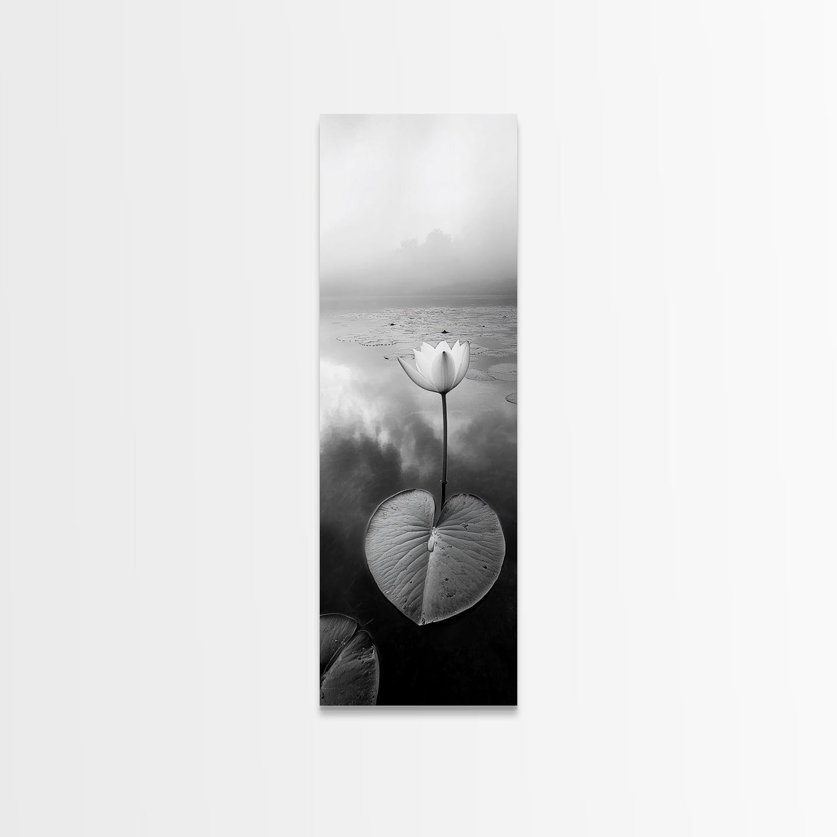 Minimalist Lotus, Zen Flower, Misty Pond, Tranquil Nature, Monochrome Botanical Framed Canvas Print, Bedroom Meditation Wall Decor