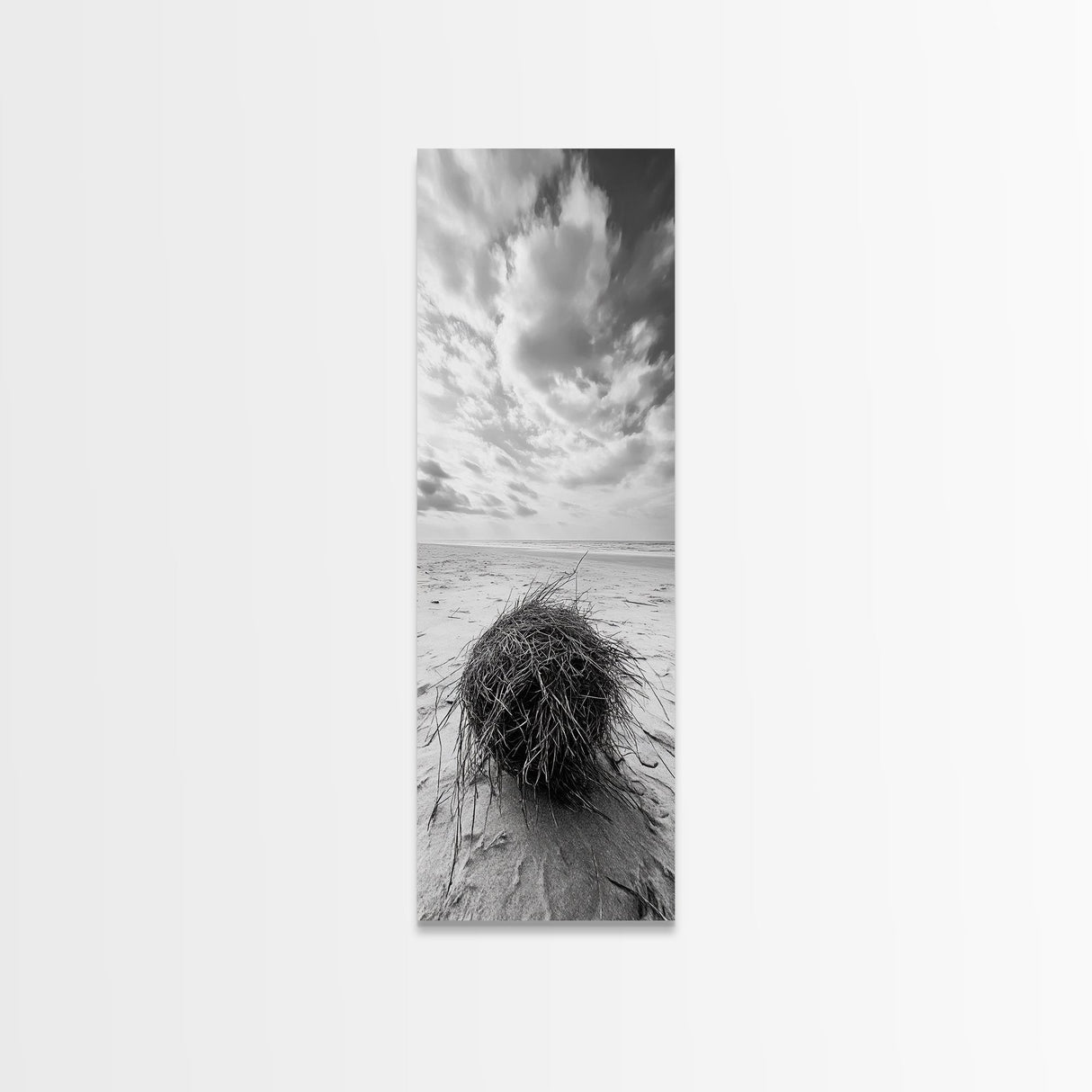 Beach Tumbleweed, Windy Dune, Coastal Drift, Seaside Simplicity, Monochrome Shoreline Framed Canvas Print, Bathroom Beach Wall Decor
