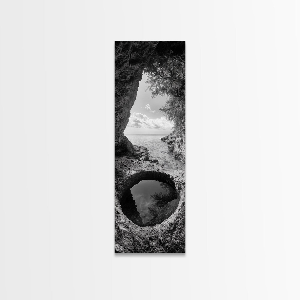Ocean Cave, Coastal View, Natural Tide Pool, Canvas Print, Bathroom Wall Art, Seaside Decor, Minimalist Landscape, Black and White Art