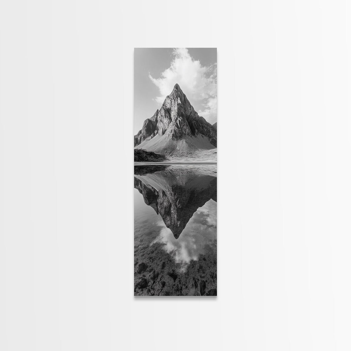 Sharp Mountain Peak, Reflection Stillness, Monochrome Wild, Framed Canvas Print, Rustic Cabin Wall Art, Nature Lover Gift Idea