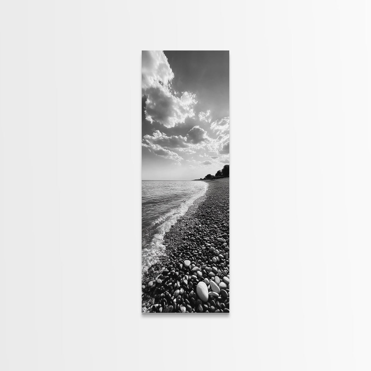 Pebble Beach, Gentle Waves, Coastal Calm, Framed Canvas Print, Minimalist Bathroom Wall Art, Nature Texture Decor, Seaside Zen, Office Wall Art
