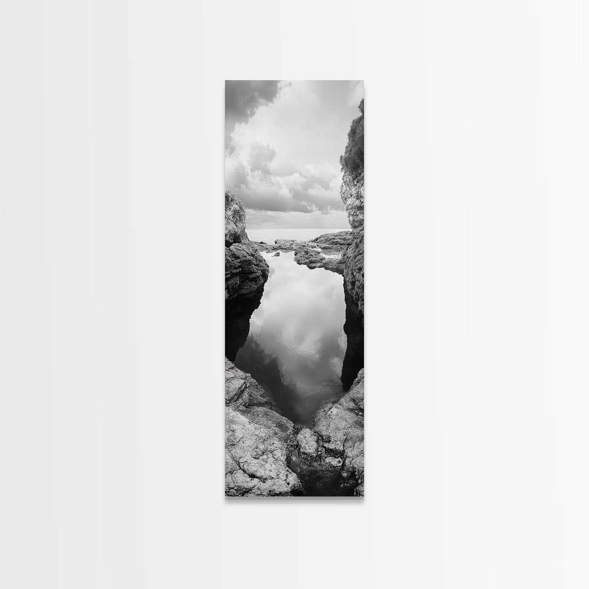 Tide Pool, Coastal Reflection, Tranquil Cove, Cloudy Sky, Framed Canvas Print Zen Bathroom Art, Minimalist Nature Wall Decor, Neutral Modern Style