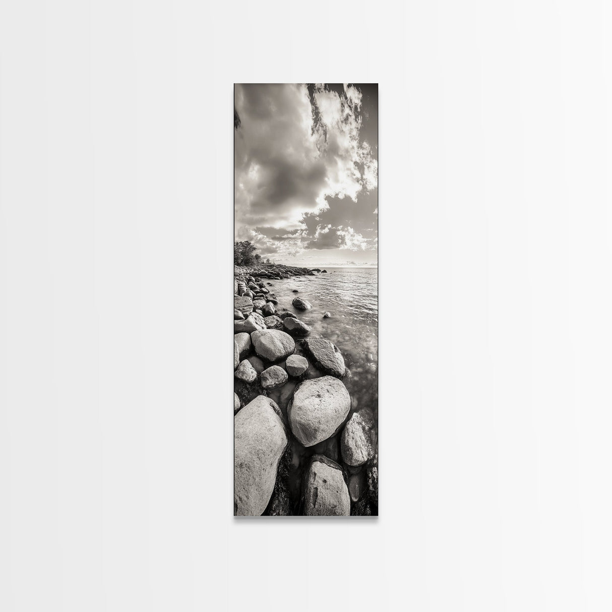 Sunrise Shore, Tranquil Coast, Pebble Beach, Golden Glow, Framed Canvas Print Fall Wall Art, Landscape Living Room Decor, Minimalist Aesthetic