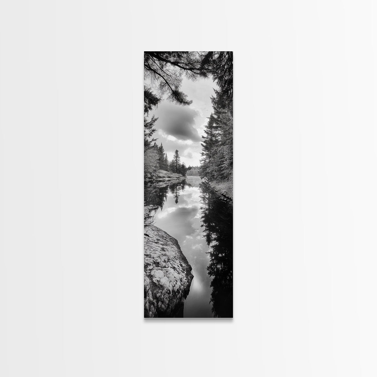 Forest Reflection, Lake Stillness, Tranquil Pines, Nature Calm, Black and White Canvas Print, Bedroom Wall Art, Cabin Vibes