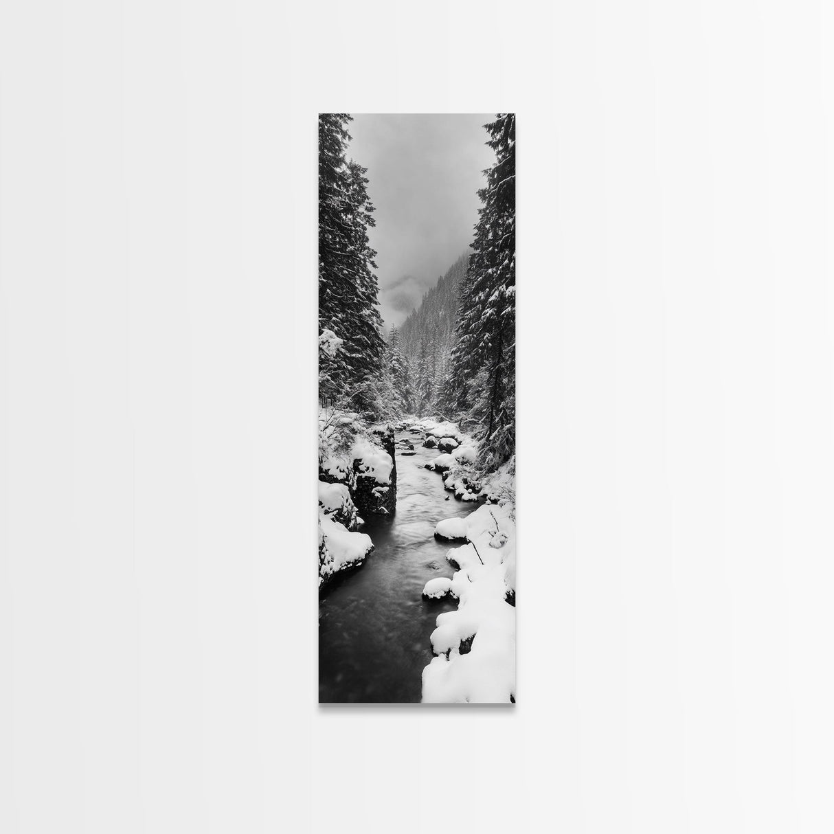 Winter Forest, Snowy River, Pine Trees, Canvas Print, Cozy Cabin Wall Art, Nature Lover Gift, Scandinavian Style, Holiday Decor, Bedroom Decor