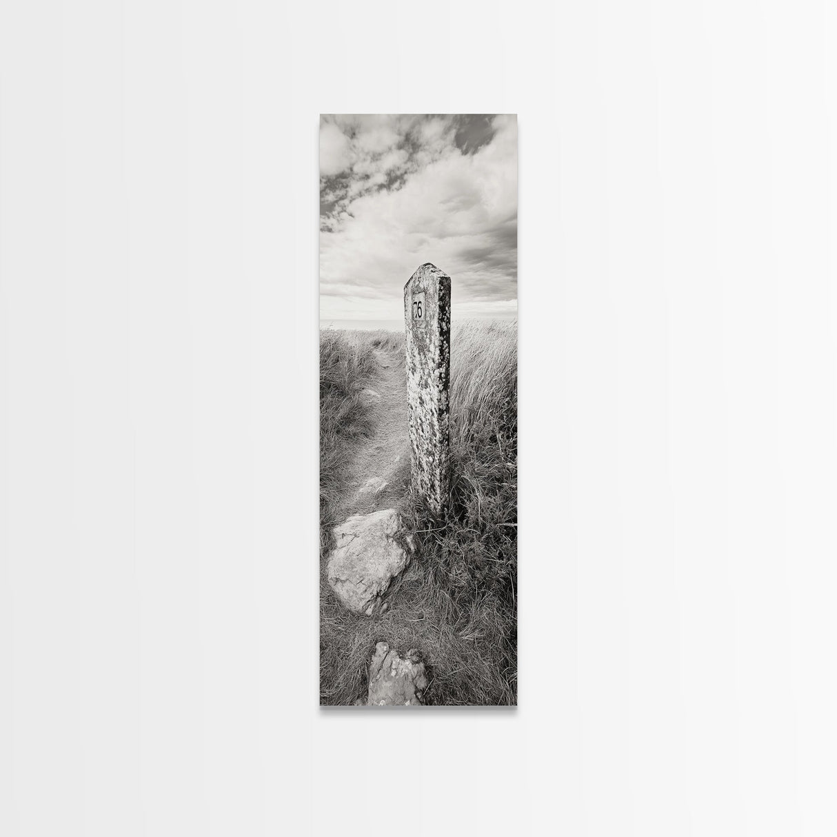 Rural Path, Weathered Stone, Grassy Trail, Framed Canvas Print, Rustic Nature Wall Art, Minimalist Entryway Decor, Autumn Landscape Art