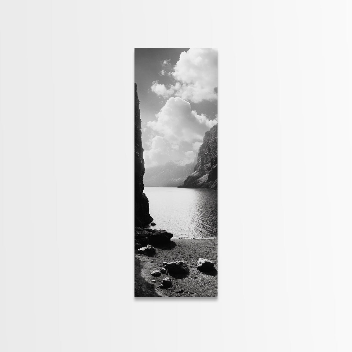 Fjord Mountain Lake, Scenic Nordic Landscape, Tranquil Nature Print, Minimalist Wall Art, Bedroom Decor, Framed Canvas Print