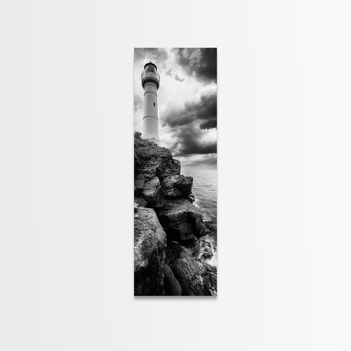 Lighthouse Coast, Stormy Sky, Black White Ocean, Framed Canvas Print, Nautical Wall Art, Rustic Beach House Living Room Decor