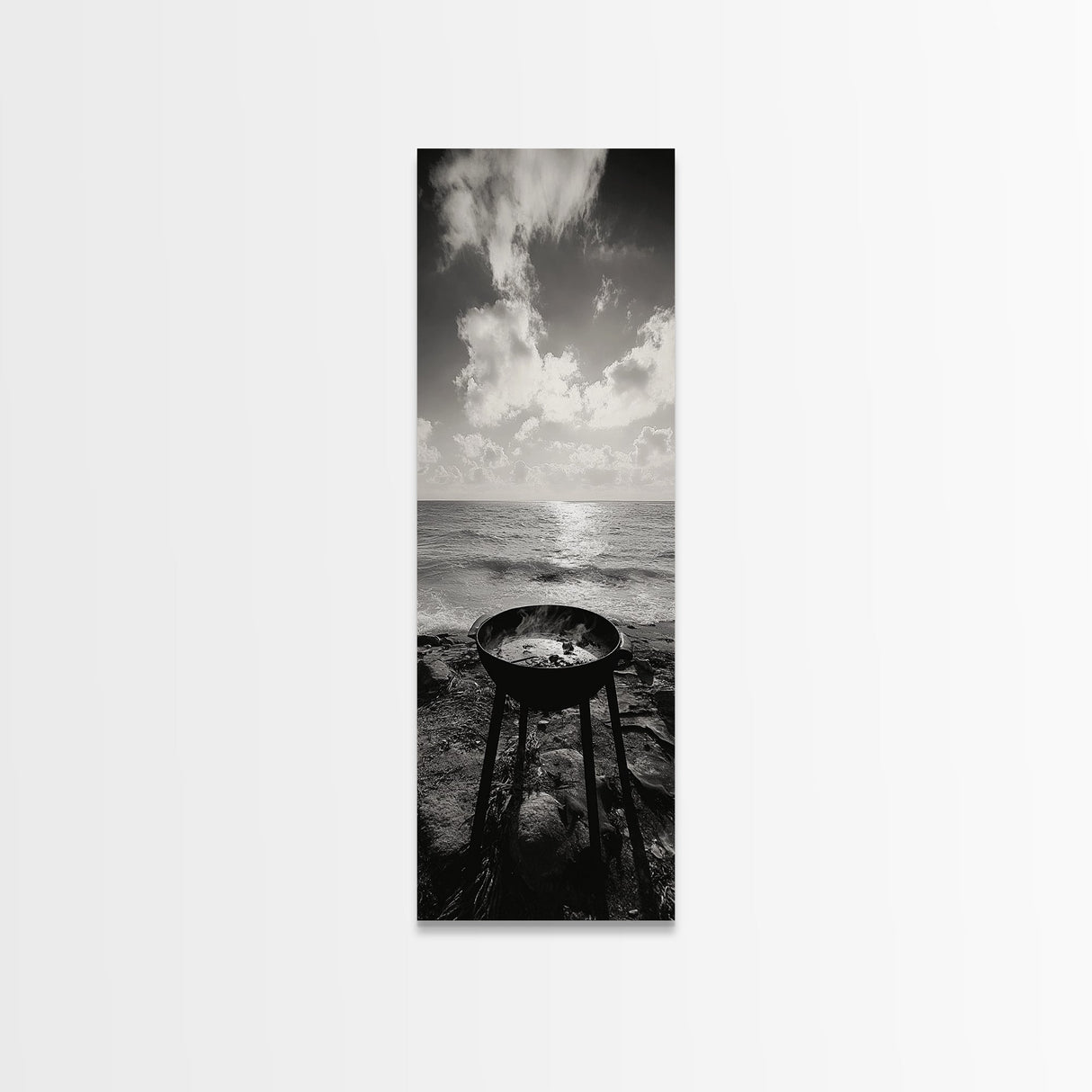 Smoky Grill, Seaside BBQ, Coastal Cooking, Framed Canvas Print, Rustic Outdoor Kitchen Art, Summer Vibes Wall Decor, Moody Beach Scene