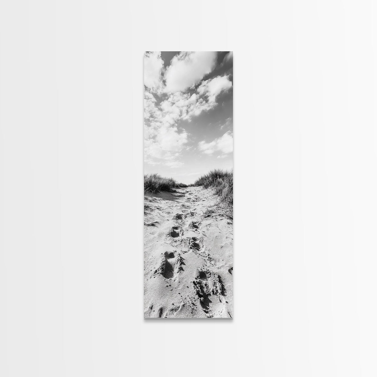 Sandy Trail, Dune Path, Footprints Grass, Canvas Print, Fall Coastal Decor, Boho Entryway Art, Black and White Beach Landscape