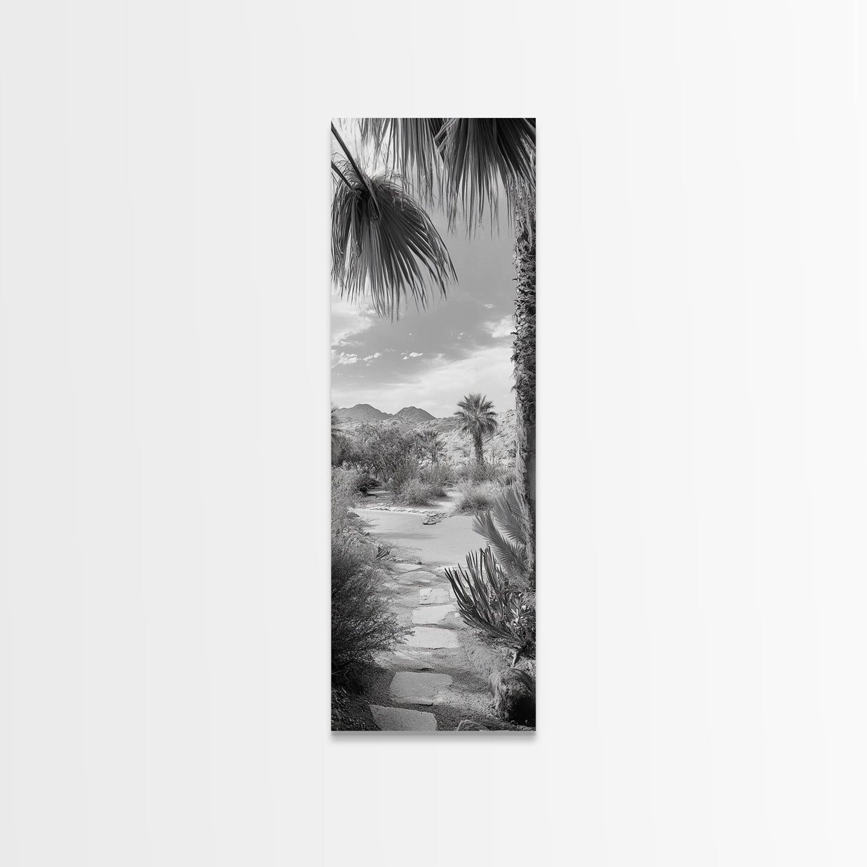 Desert Path, Palm Trees, Serene Escape, Tranquil Garden, Monochrome Landscape, Framed Canvas Print, Entryway Wall Art, Nature Minimal