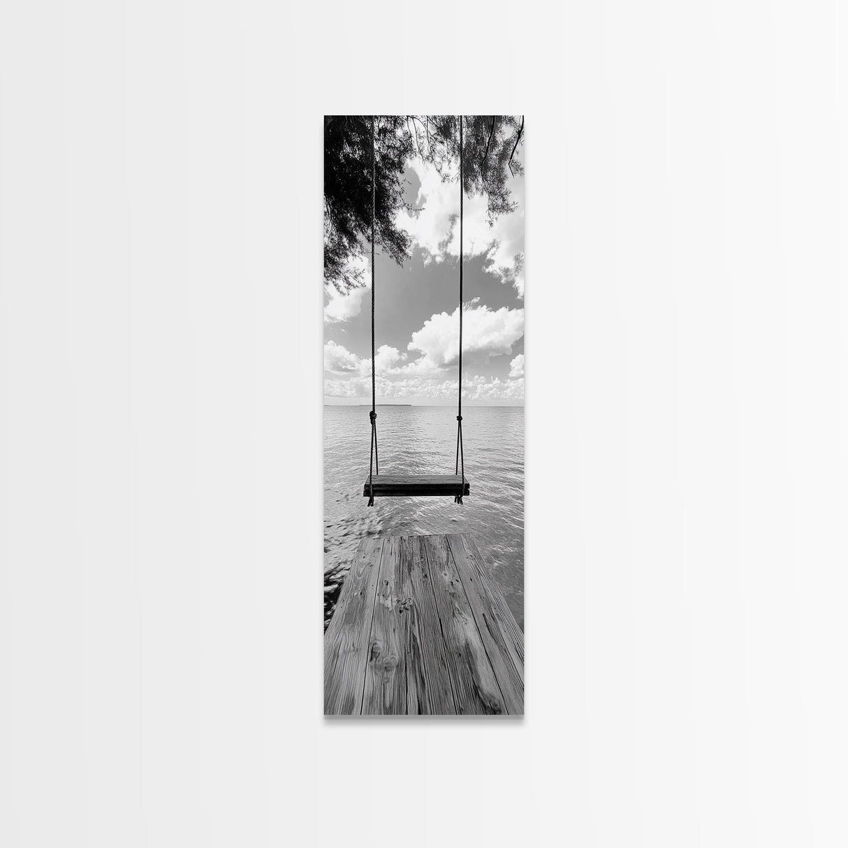 Lakeside Swing Stillness, Serene Water View Print, Peaceful Dock Photography, Canvas Print, Tranquil Bedroom or Office Wall Art