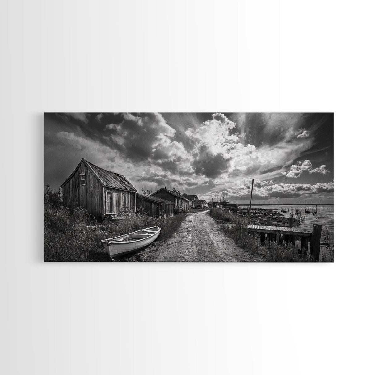 Seaside Village, Driftwood Cabins, Coastal Road, Vintage Fishing Town, Framed Canvas Print, Rustic Kitchen Wall Art, Moody Monochrome