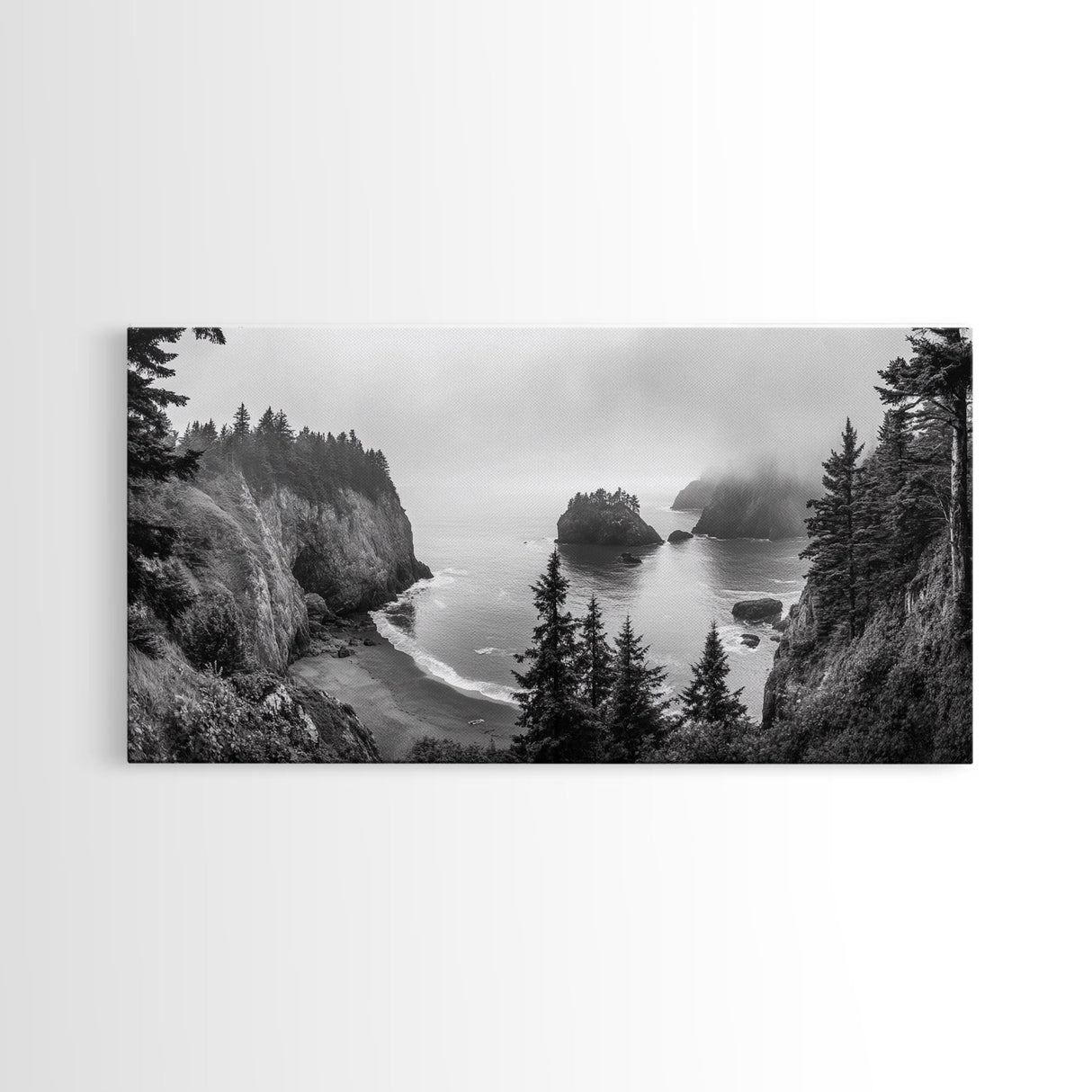 Misty Coastal Cliffs, Ocean Horizon, Monochrome Art, Nature Landscape, Canvas Print, Rustic Living Room Decor, Moody Wall Art, Black and White