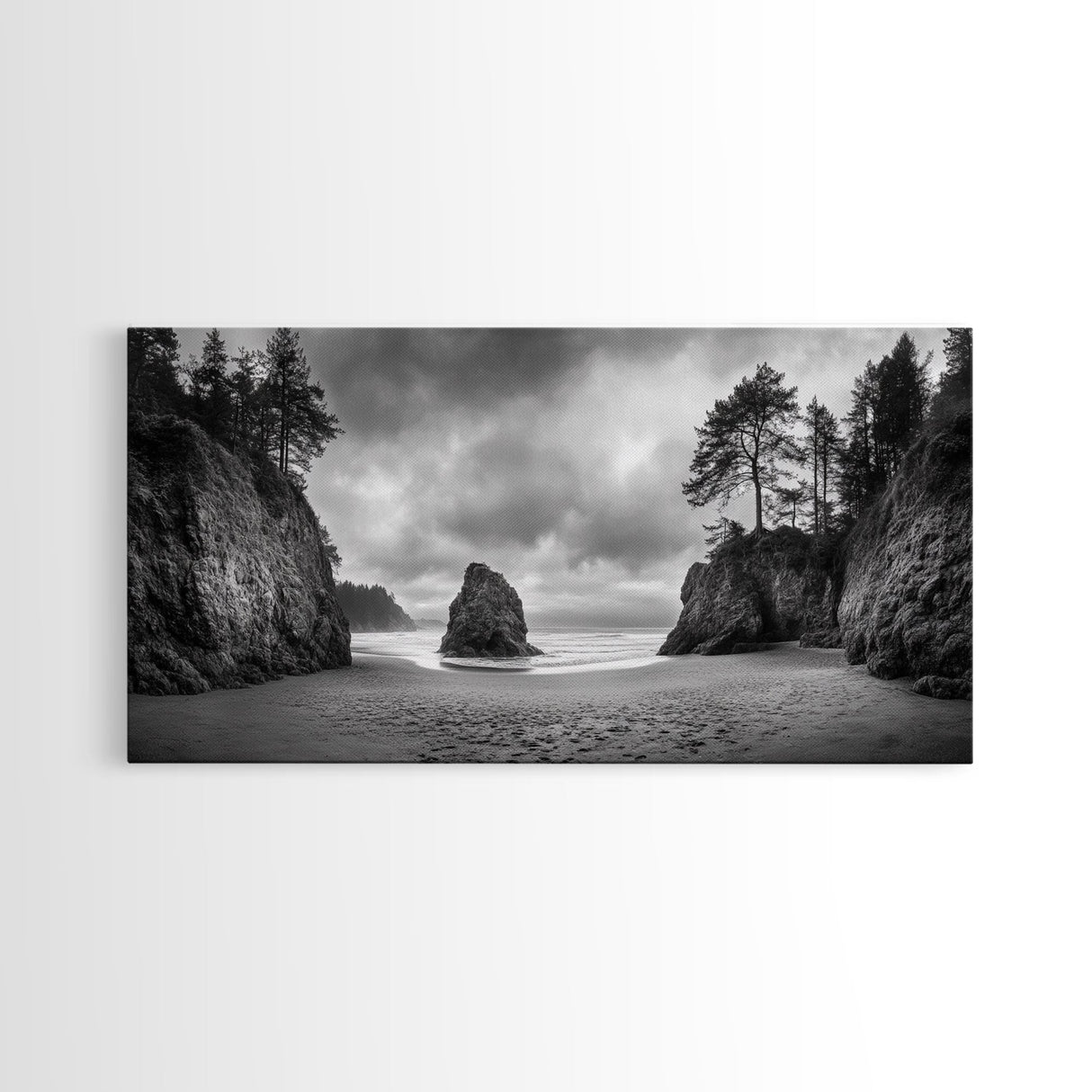 Hidden Coastal Cove, Dramatic Ocean Scene, Natural Seascape, Canvas Print, Rustic Cabin Wall Art, Black and White Beach Photography