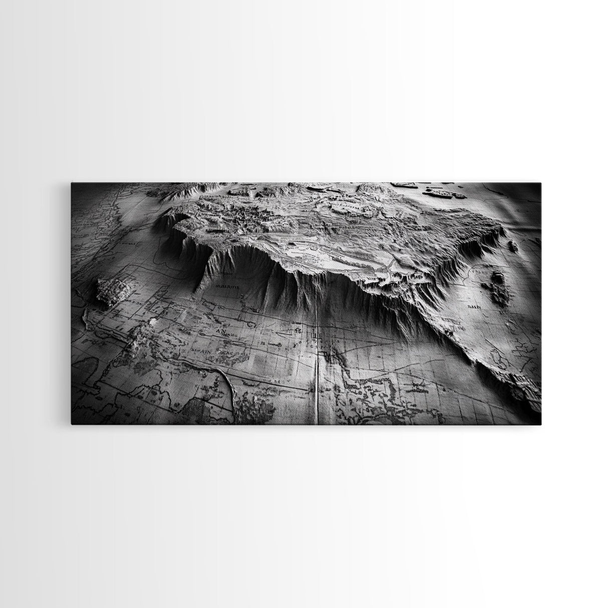 Topographic Map Detail, Antique Terrain, Black and White Landscape, Canvas Print, Office Wall Art, Historical Geography Decor