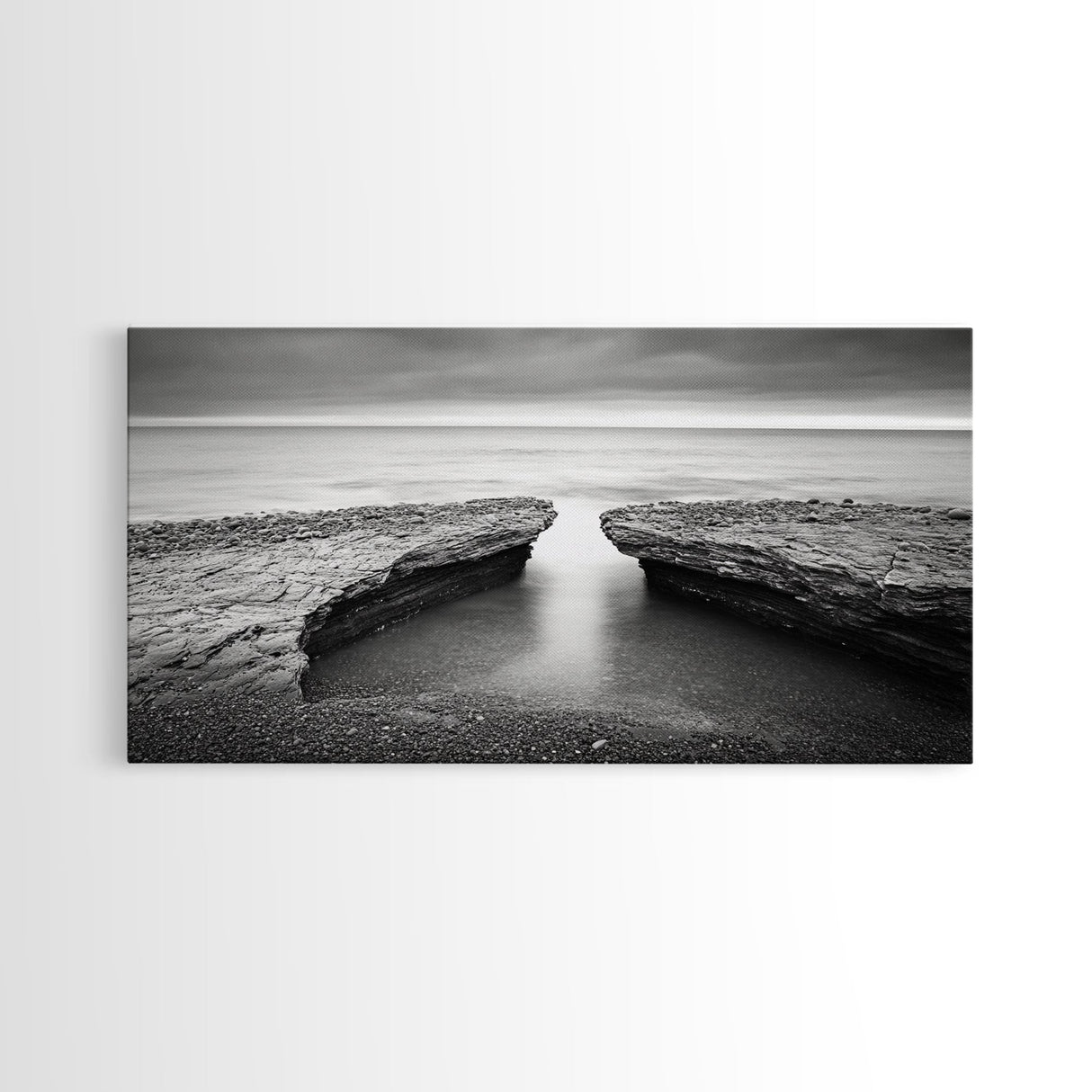 Ocean Rock Split, Calm Seascape Horizon, Monochrome Photography, Canvas Print, Bathroom Wall Art, Zen Coastal Aesthetic, Office Wall Art