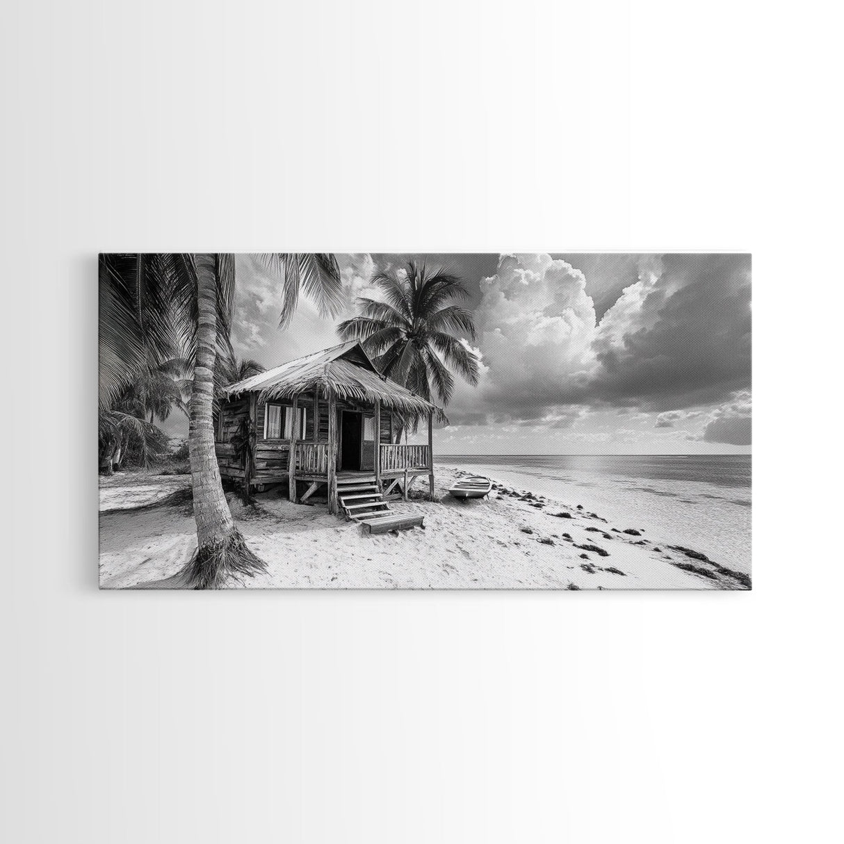Tropical Hut, Palm Tree Scene, Island Escape Photo, Framed Canvas Print, Beach House Wall Art, Rustic Boho Coastal Decor, Nature Scene