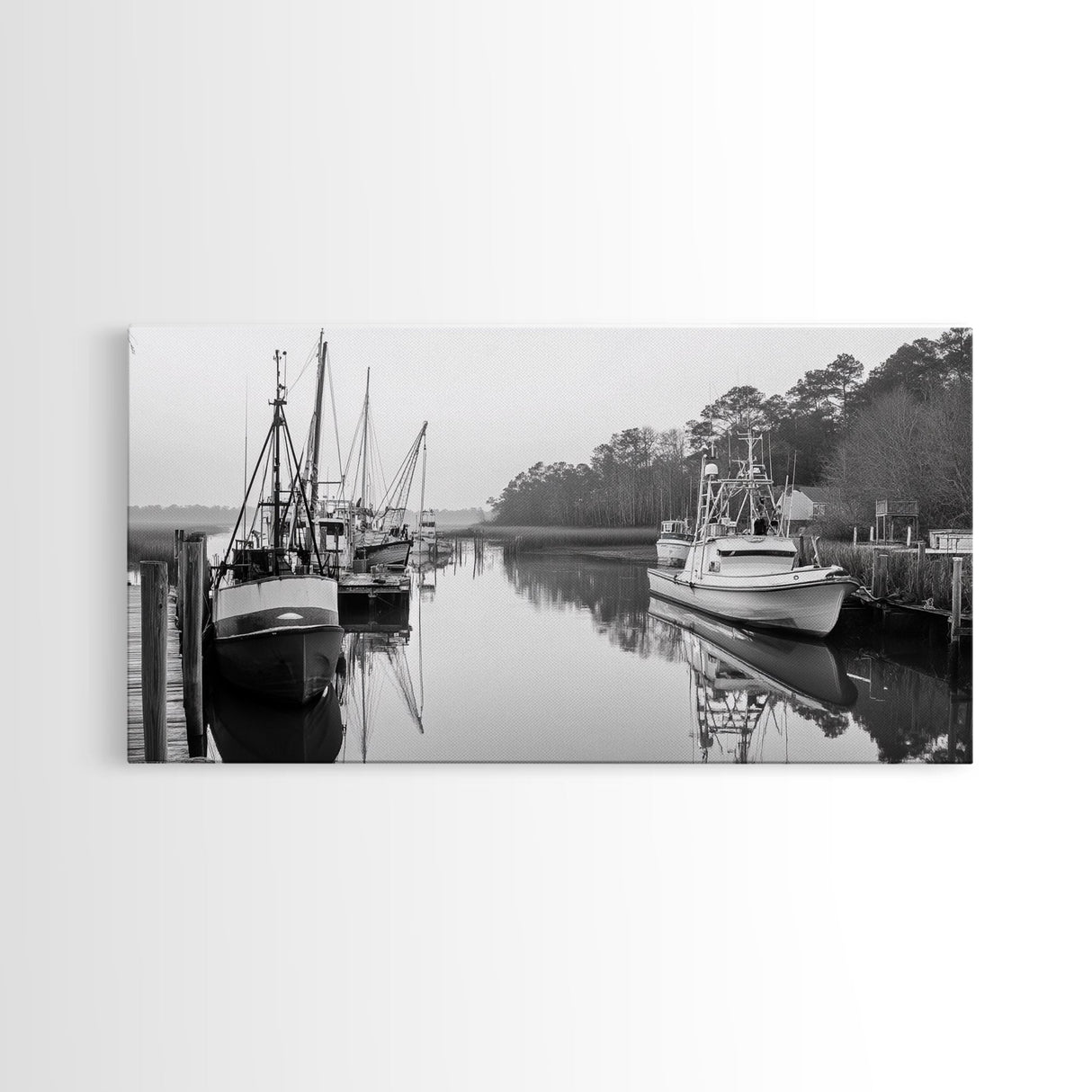 Fishing Boats Docked, Quiet Harbor Scene, Nautical River View, Framed Canvas Print, Kitchen Wall Art, Rustic Coastal Decor, Lodge Wall Art