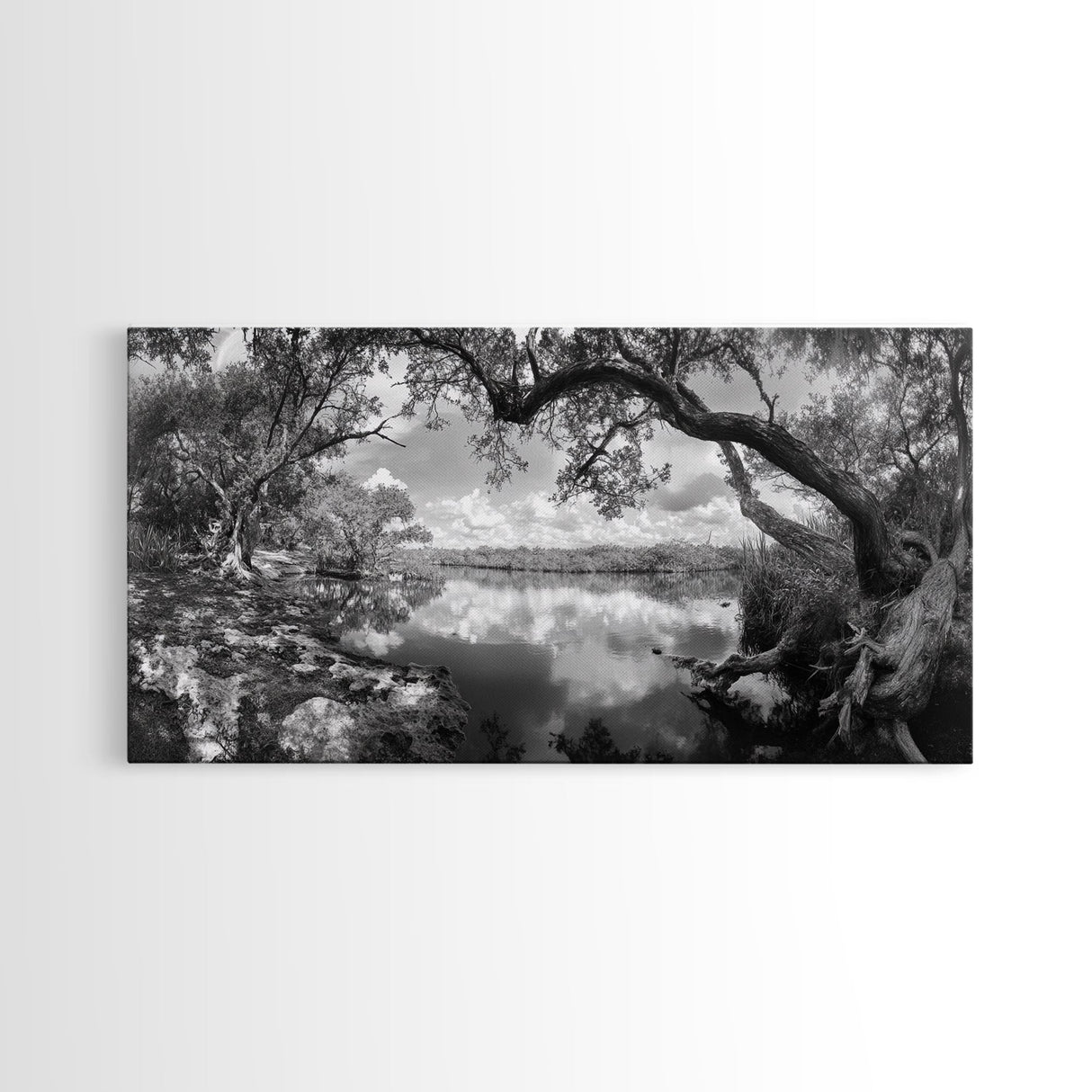 Tree Arch Reflection, Tranquil River View, Nature Canopy Water, Framed Canvas Print, Bedroom Wall Art, Zen Landscape Art, Cabin Decor