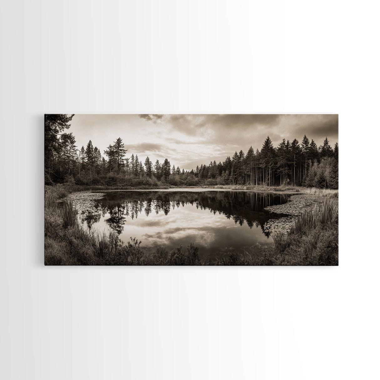 Forest Pond Reflection, Tranquil Lake Trees, Serene Nature Scene, Framed Canvas Print, Fall Wall Art, Rustic Cabin Decor, Living Room Wall Art