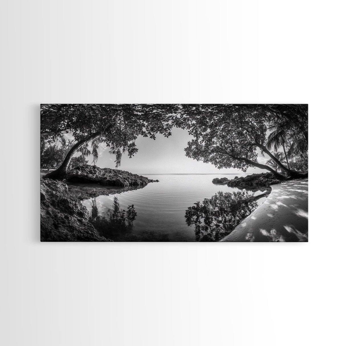 Tropical Shore Trees, Ocean Lagoon Stillness, Peaceful Island Cove, Canvas Print, Bathroom Wall Art, Minimalist Coastal Vibe, Cabin Decor