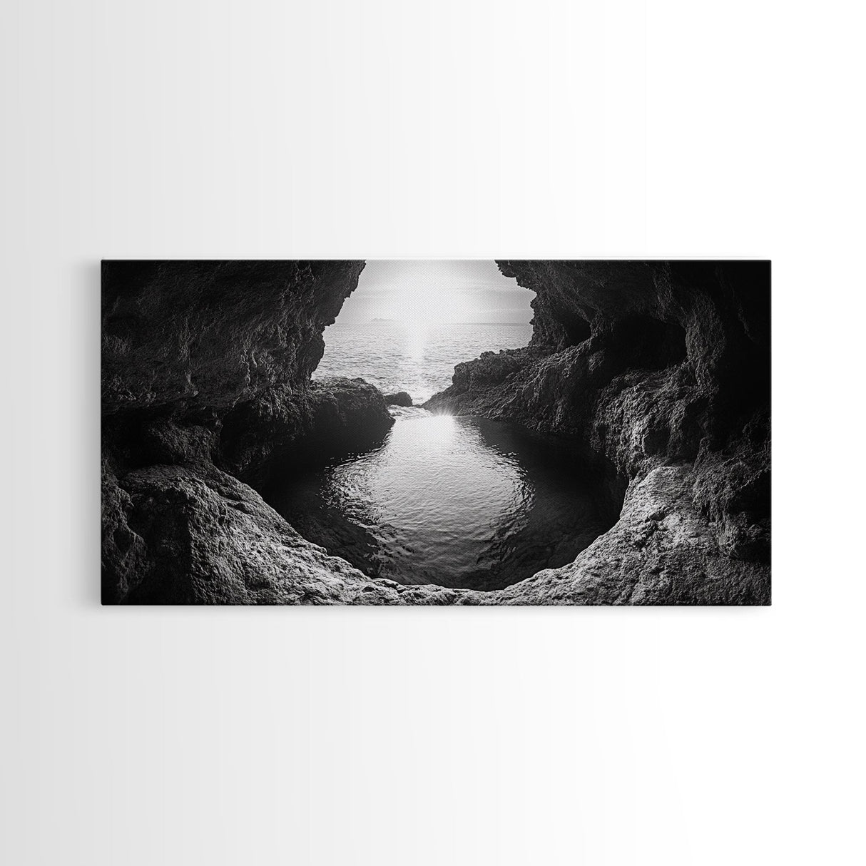 Ocean Cave Sunset, Seascape Art, Black and White Photography, Coastal Decor, Minimalist Style, Canvas Print, Bathroom Wall Art