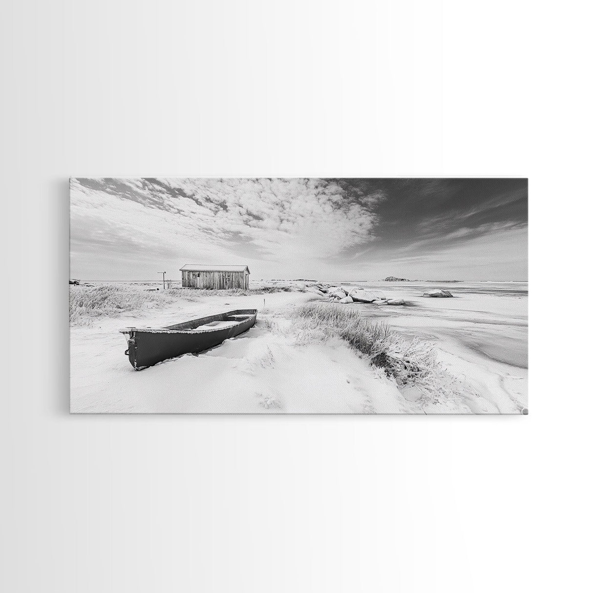 Snowy Coastal Boat, Rustic Winter Landscape, Farmhouse Wall Art, Neutral Tones, Canvas Print, Entryway or Fall Seasonal Decor