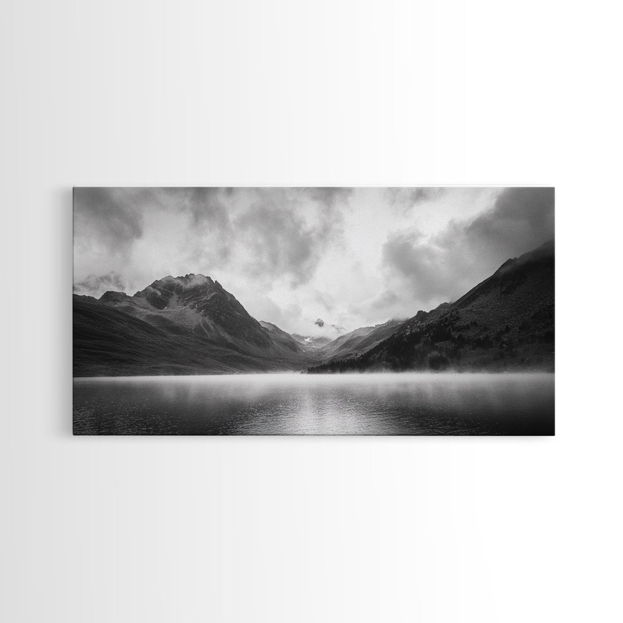 Mountain Lake, Misty Valley, Nature Serenity, Moody Landscape, Framed Canvas Print, Living Room Wall Art, Rustic Cabin Aesthetic