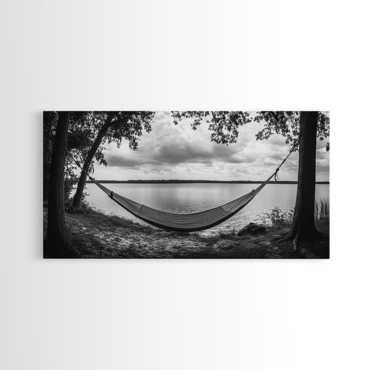 Hammock Lake, Restful Retreat, Trees Framing, Relax Mood, Framed Canvas Print, Bedroom Wall Art, Slow Living Style, Boho Natural Art