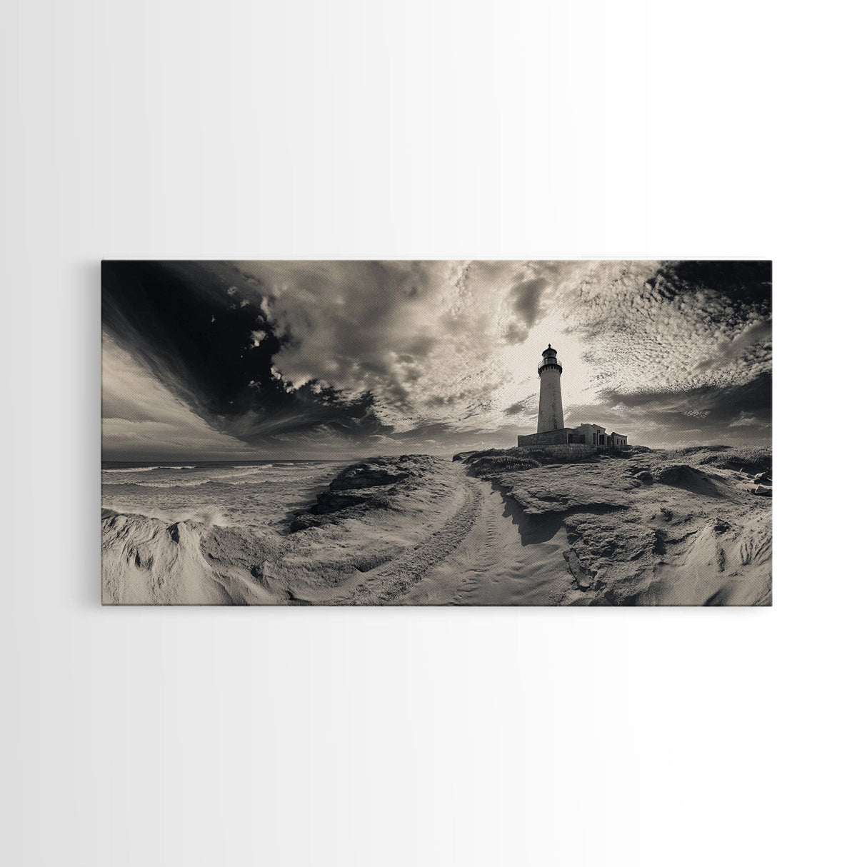 Lighthouse Path, Stormy Beach, Moody Coastline, Wall Decor, Framed Canvas Print, Coastal Wall Art, Rustic Bathroom, Nautical Style Print