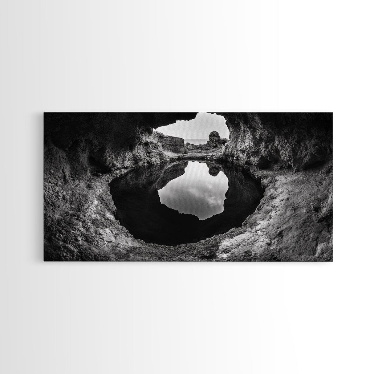 Sea Cave, Rocky Texture, Coastal Reflection, Natural Formations, Framed Canvas Print, Bathroom Art, Earthy Wall Decor, Zen Style