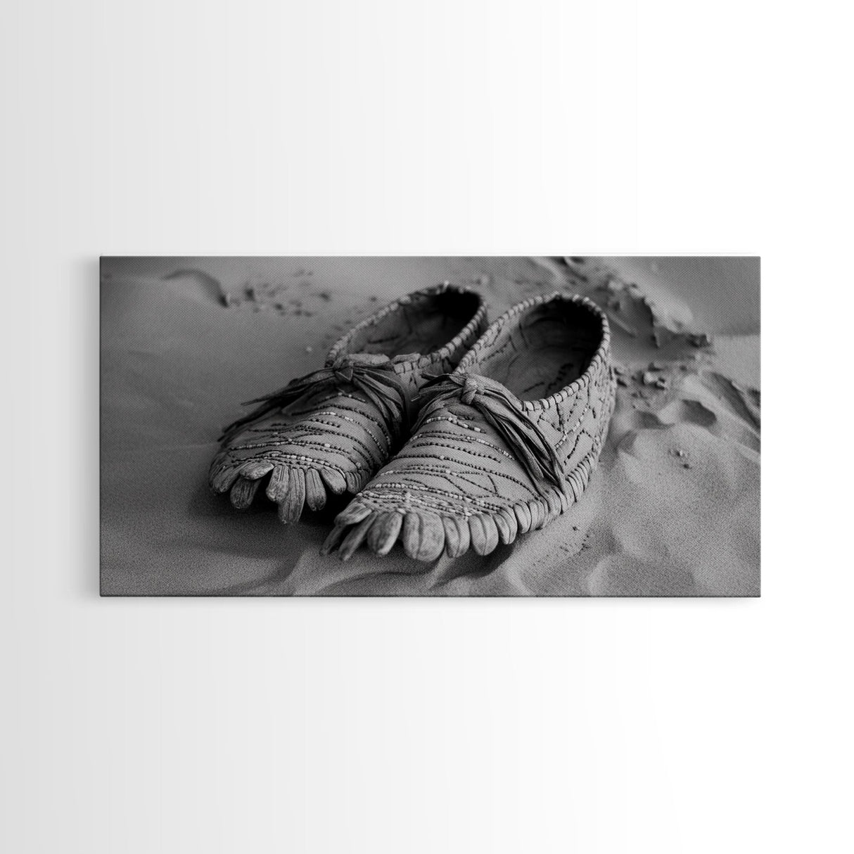 Moccasins in Sand, Rustic Footwear Art, Cultural Detail Photo, Framed Canvas Print, Boho Entryway Wall Decor, Western Minimalist